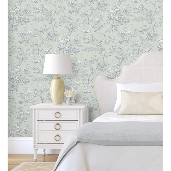 Papel pintadode árboles y ramas estilo toile de jouy fondo verde celadón - Nantes Arboreal 684433