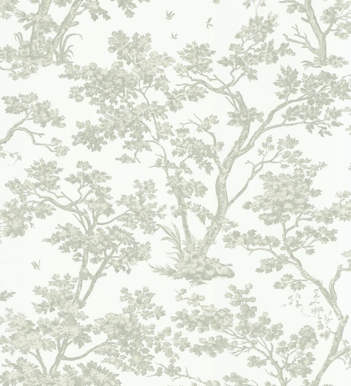 Papel pintadode árboles y ramas estilo toile de jouy fondo blanco menta - Nantes Arboreal 684434