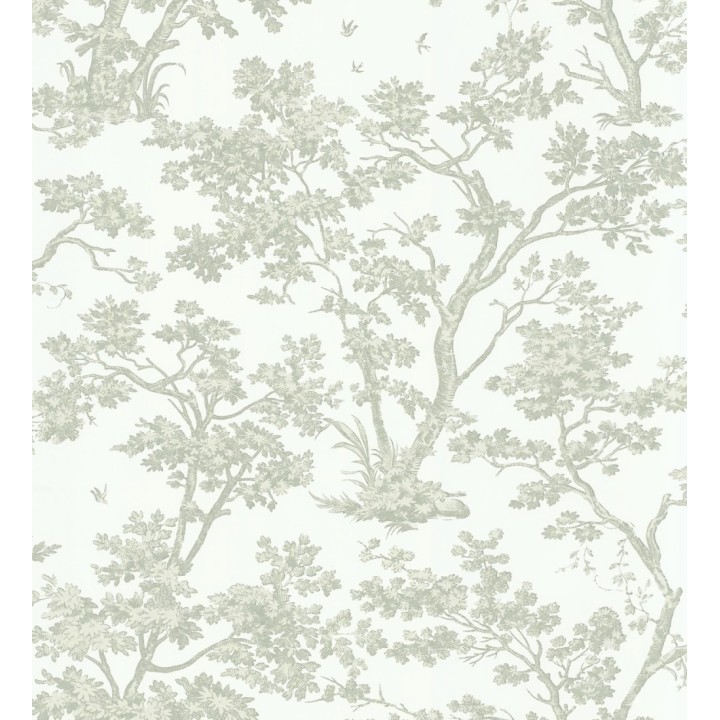 Papel pintadode árboles y ramas estilo toile de jouy fondo blanco menta - Nantes Arboreal 684434