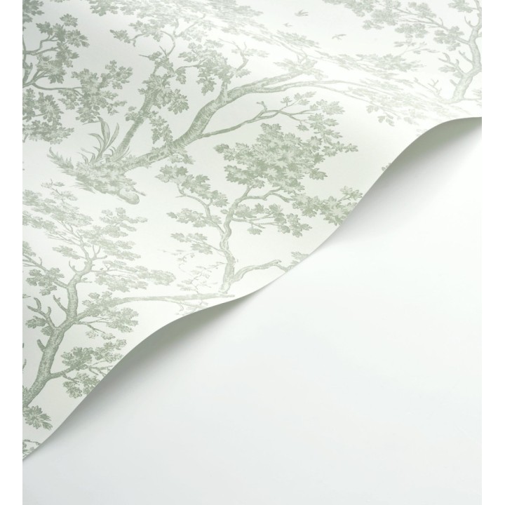 Papel pintadode árboles y ramas estilo toile de jouy fondo blanco menta - Nantes Arboreal 684434