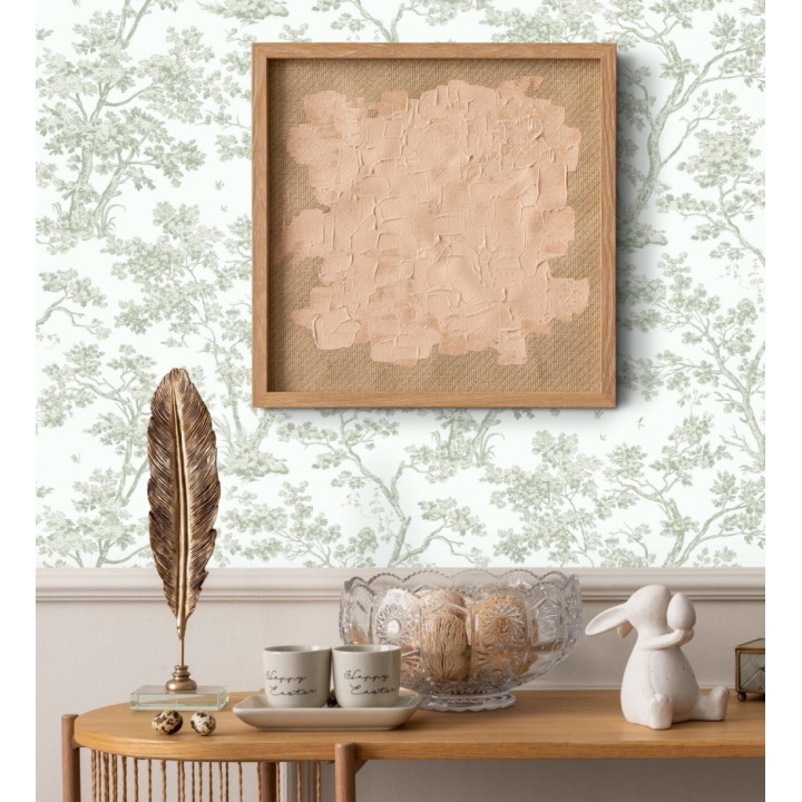 Papel pintadode árboles y ramas estilo toile de jouy fondo blanco menta - Nantes Arboreal 684434