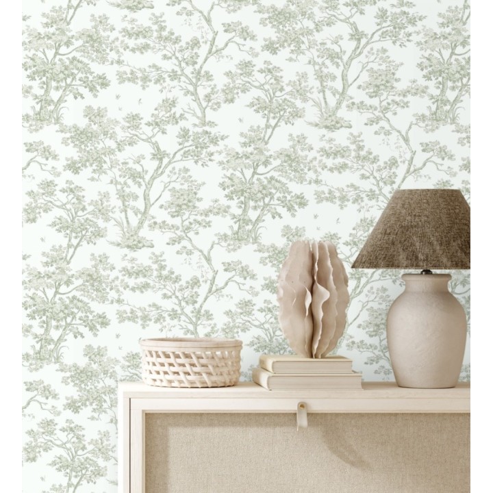 Papel pintadode árboles y ramas estilo toile de jouy fondo blanco menta - Nantes Arboreal 684434