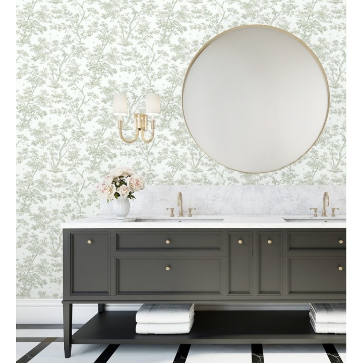 Papel pintadode árboles y ramas estilo toile de jouy fondo blanco menta - Nantes Arboreal 684434