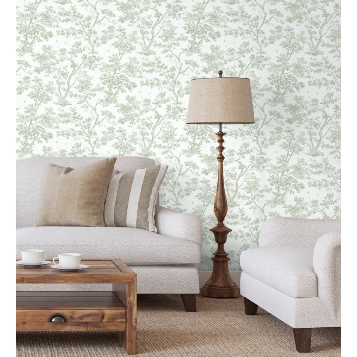 Papel pintadode árboles y ramas estilo toile de jouy fondo blanco menta - Nantes Arboreal 684434
