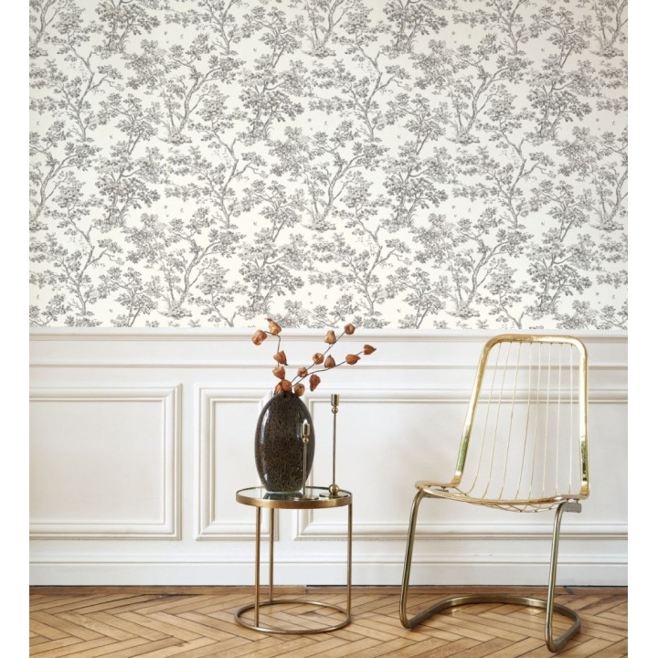 Papel pintadode árboles y ramas estilo toile de jouy fondo blanco - Nantes Arboreal 684435