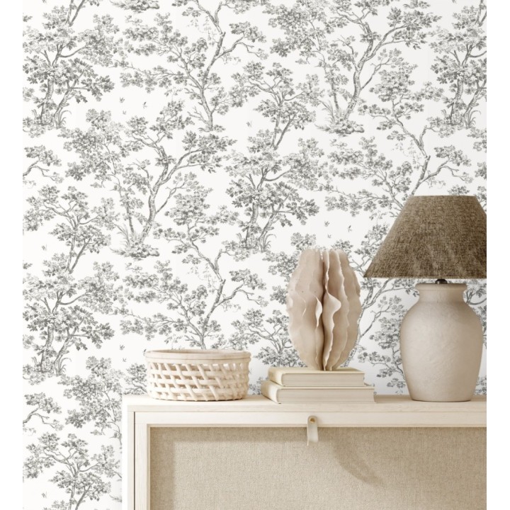 Papel pintadode árboles y ramas estilo toile de jouy fondo blanco - Nantes Arboreal 684435