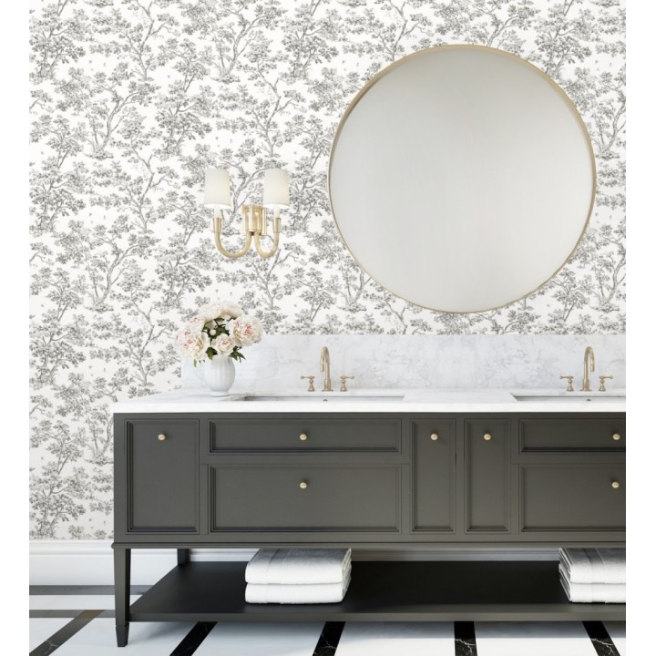 Papel pintadode árboles y ramas estilo toile de jouy fondo blanco - Nantes Arboreal 684435