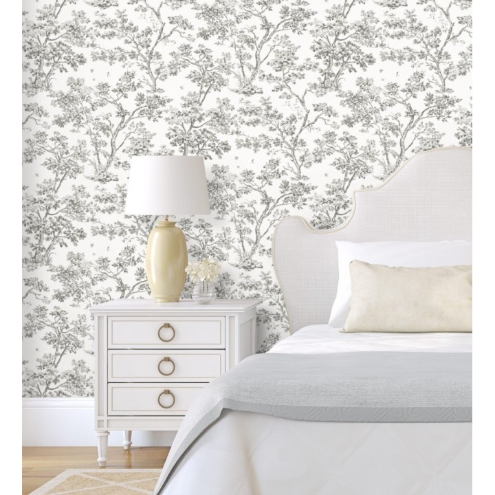 Papel pintadode árboles y ramas estilo toile de jouy fondo blanco - Nantes Arboreal 684435