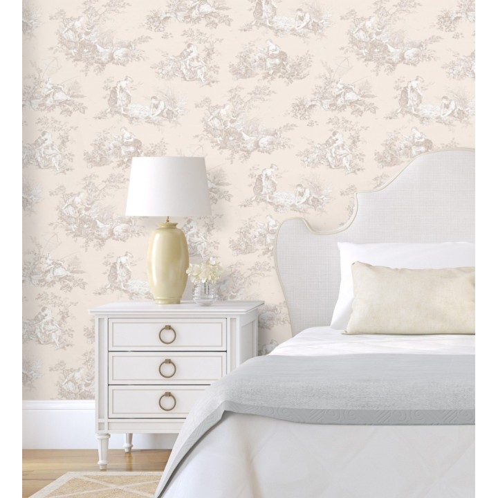 Papel pintado Toile de Jouy beige sobre beige nácar estilo francés - Chambord 684442