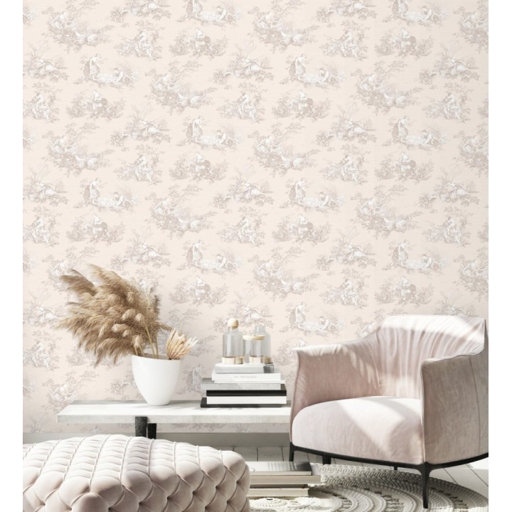 Papel pintado Toile de Jouy beige sobre beige nácar estilo francés - Chambord 684442