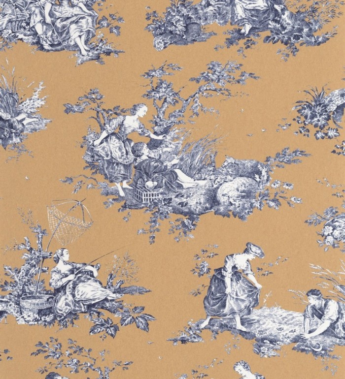 Papel pintado Toile de Jouy azul sobre ocre estilo francés - Chambord 684444