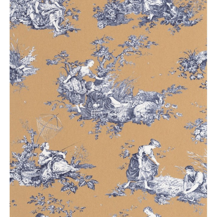 Papel pintado Toile de Jouy azul sobre ocre estilo francés - Chambord 684444
