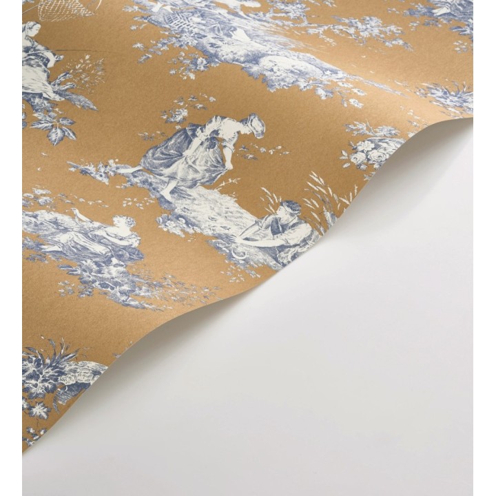 Papel pintado Toile de Jouy azul sobre ocre estilo francés - Chambord 684444