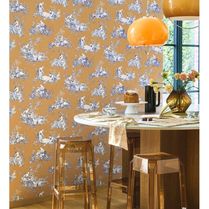 Papel pintado Toile de Jouy azul sobre ocre estilo francés - Chambord 684444