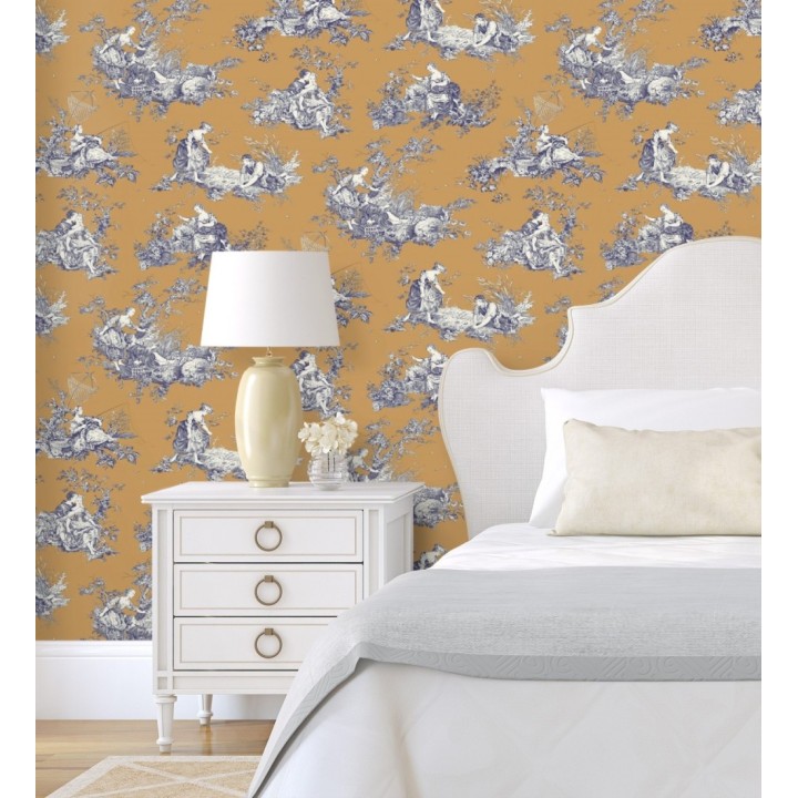Papel pintado Toile de Jouy azul sobre ocre estilo francés - Chambord 684444
