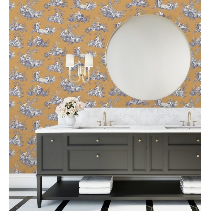 Papel pintado Toile de Jouy azul sobre ocre estilo francés - Chambord 684444