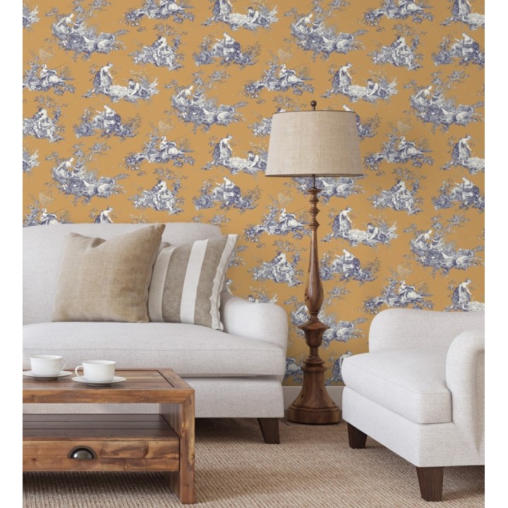 Papel pintado Toile de Jouy azul sobre ocre estilo francés - Chambord 684444