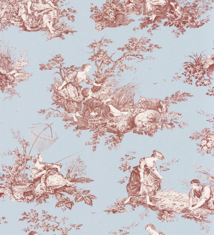 Papel pintado Toile de Jouy rojo fondo azul suave estilo francés - Chambord 684446
