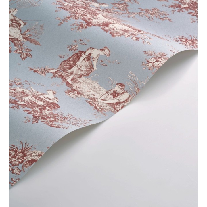 Papel pintado Toile de Jouy rojo fondo azul suave estilo francés - Chambord 684446
