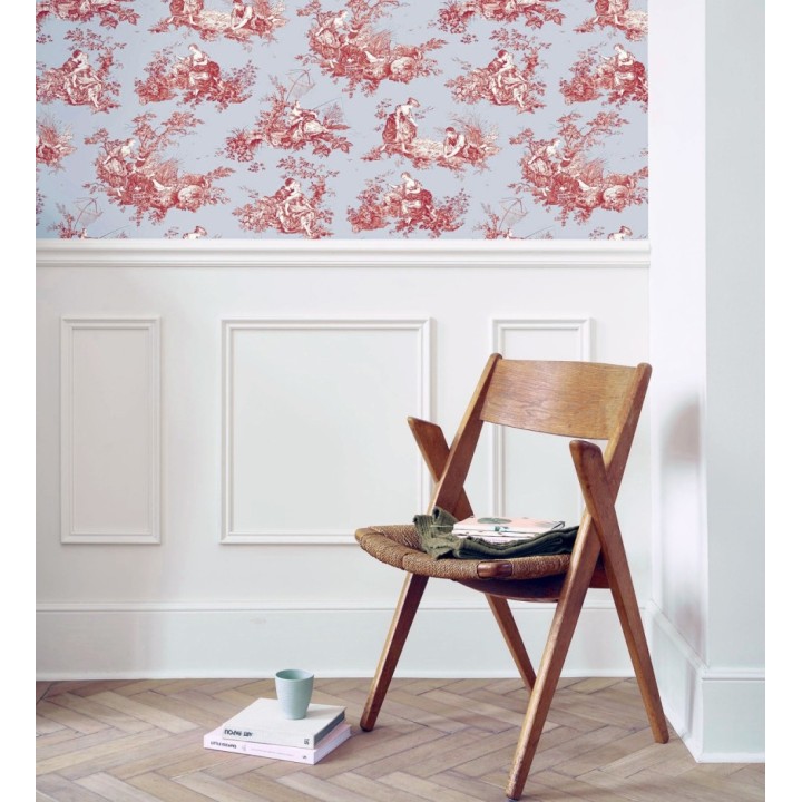 Papel pintado Toile de Jouy rojo fondo azul suave estilo francés - Chambord 684446