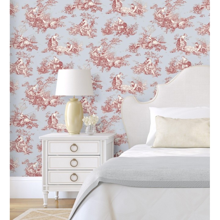 Papel pintado Toile de Jouy rojo fondo azul suave estilo francés - Chambord 684446