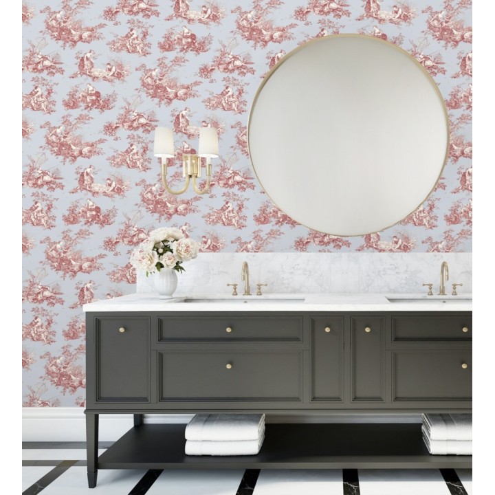 Papel pintado Toile de Jouy rojo fondo azul suave estilo francés - Chambord 684446