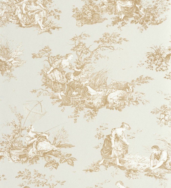 Papel pintado Toile de Jouy mostaza fondo color champagne estilo francés - Chambord 684447