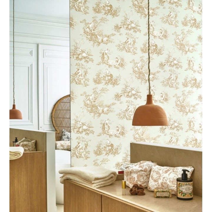 Papel pintado Toile de Jouy mostaza fondo color champagne estilo francés - Chambord 684447