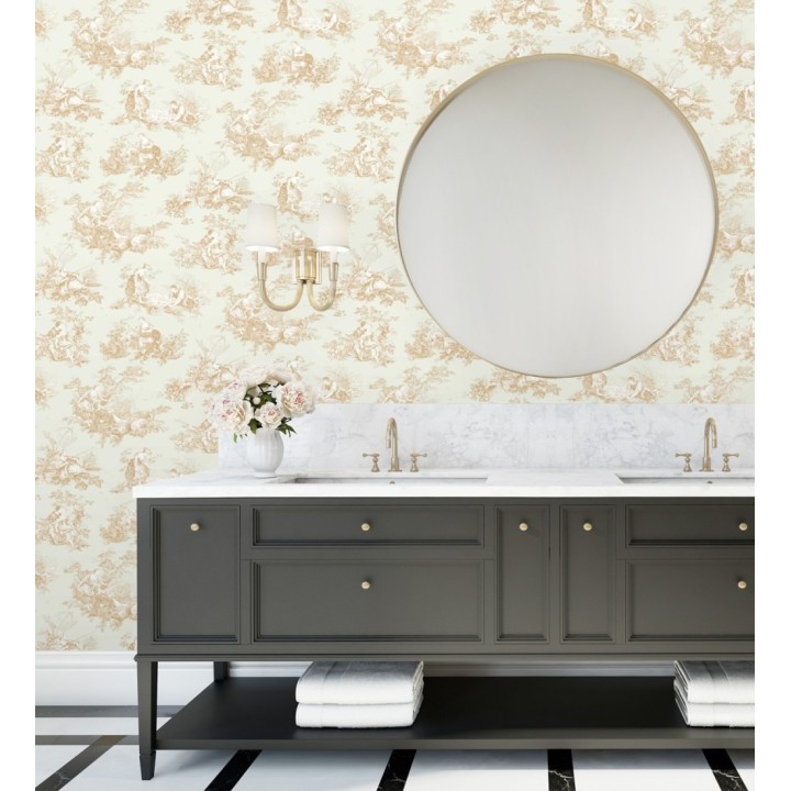Papel pintado Toile de Jouy mostaza fondo color champagne estilo francés - Chambord 684447