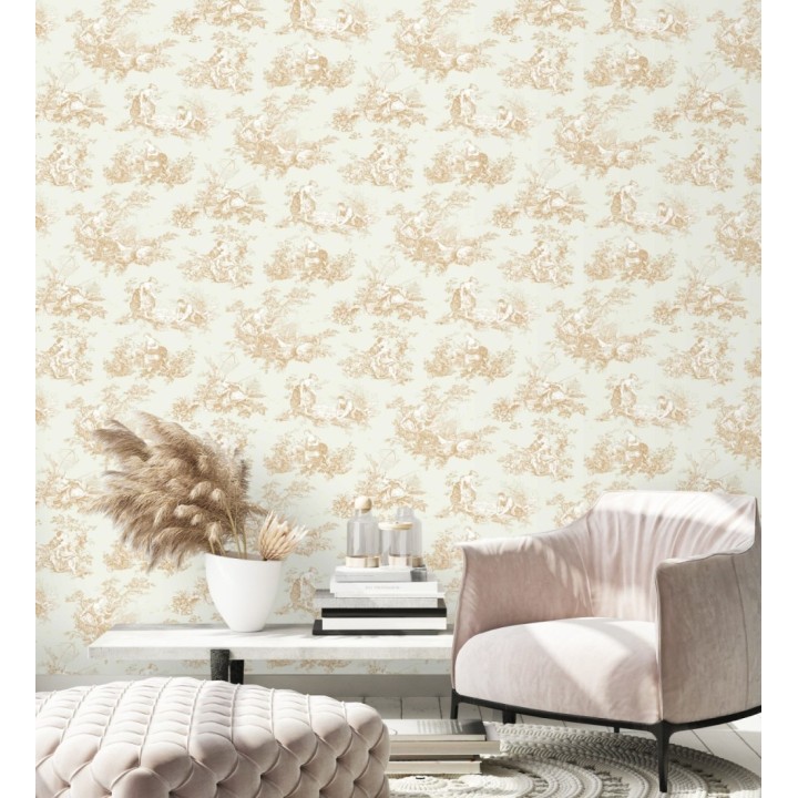 Papel pintado Toile de Jouy mostaza fondo color champagne estilo francés - Chambord 684447