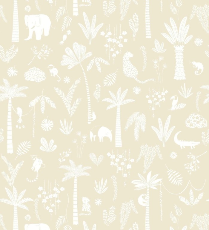 Papel pintado selva minimalista animales y palmeras blanco fondo beige - Milo Safari 684453