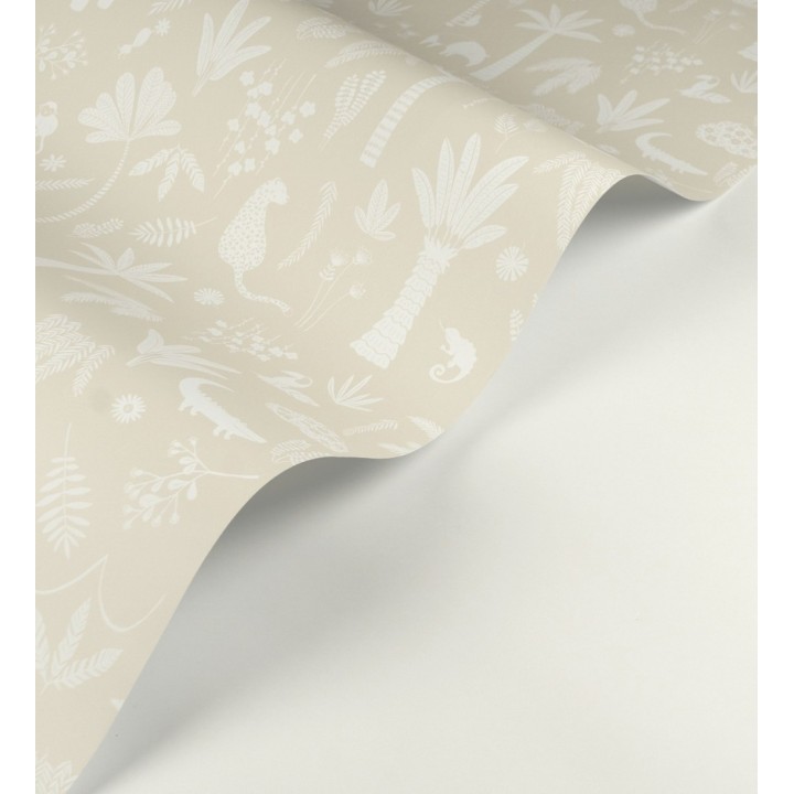 Papel pintado selva minimalista animales y palmeras blanco fondo beige - Milo Safari 684453