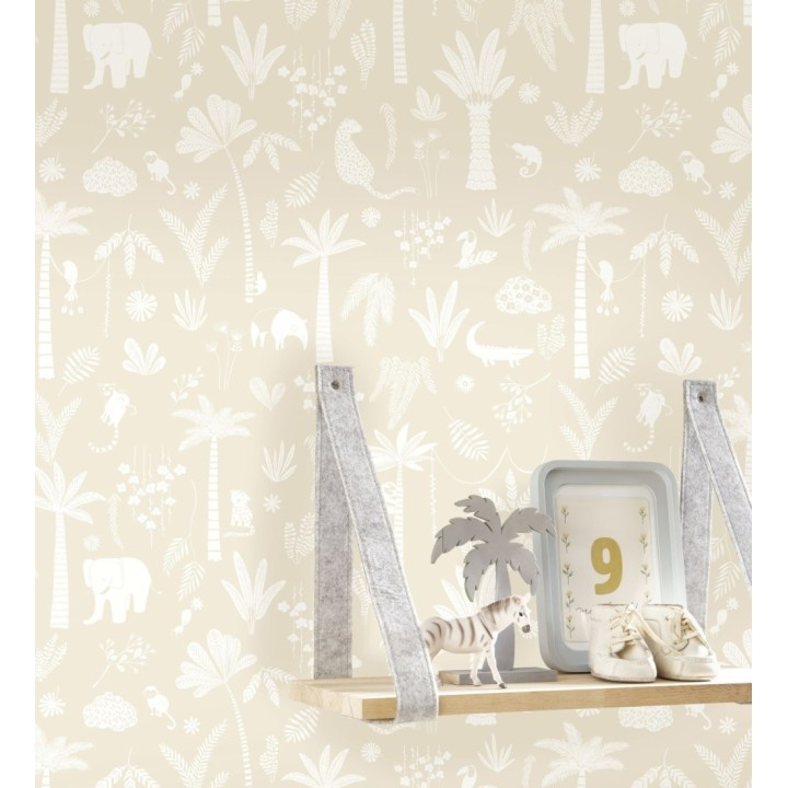 Papel pintado selva minimalista animales y palmeras blanco fondo beige - Milo Safari 684453