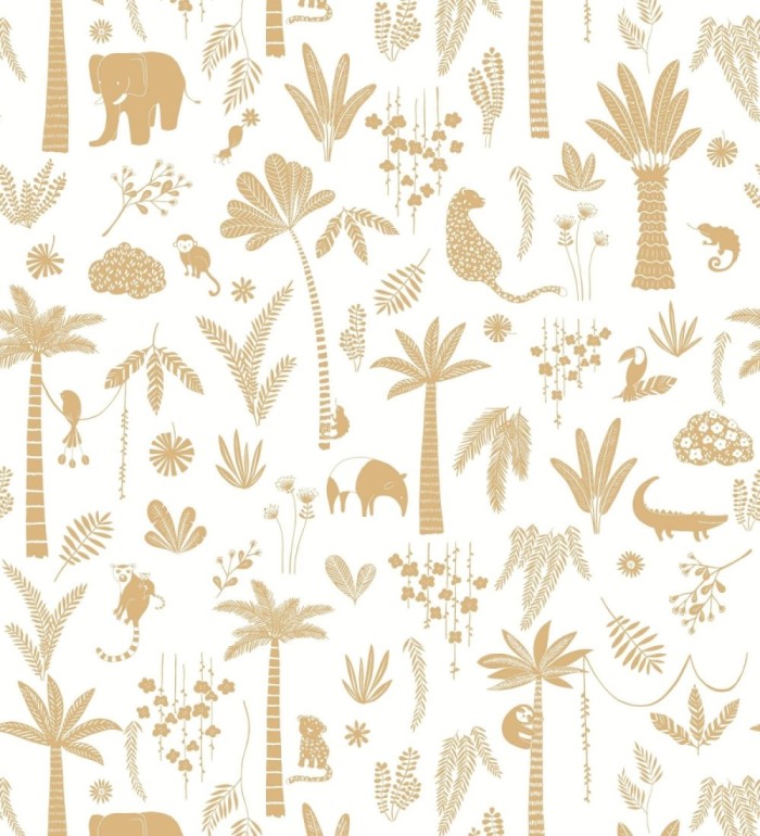 Papel pintado selva minimalista animales y palmeras ocre anaranjado y blanco - Milo Safari 684454