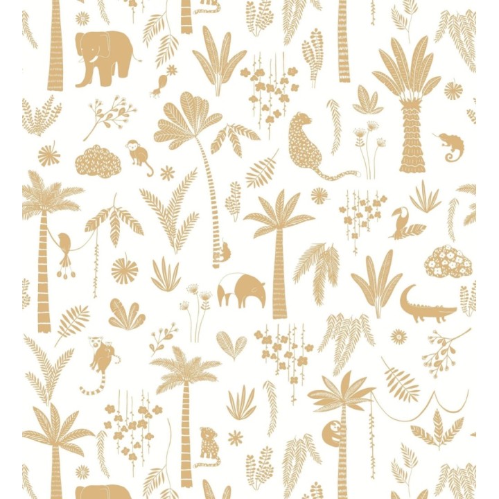 Papel pintado selva minimalista animales y palmeras ocre anaranjado y blanco - Milo Safari 684454