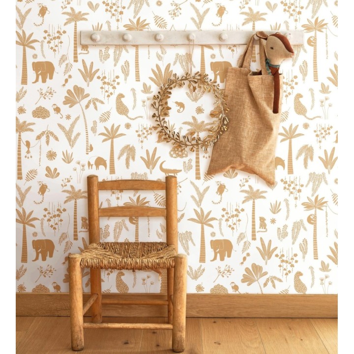 Papel pintado selva minimalista animales y palmeras ocre anaranjado y blanco - Milo Safari 684454