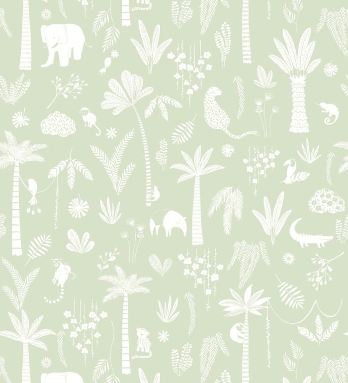 Papel pintado selva minimalista animales y palmeras blanco fondo verde salvia - Milo Safari 684455