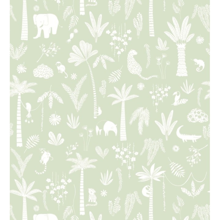 Papel pintado selva minimalista animales y palmeras blanco fondo verde salvia - Milo Safari 684455
