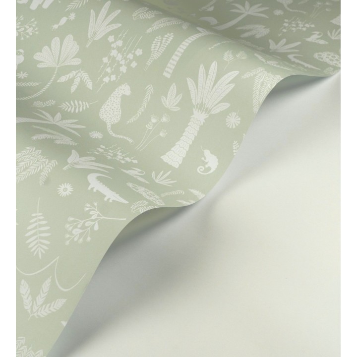 Papel pintado selva minimalista animales y palmeras blanco fondo verde salvia - Milo Safari 684455