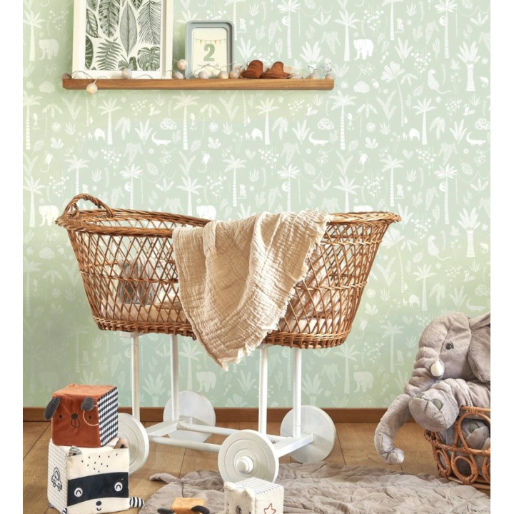 Papel pintado selva minimalista animales y palmeras blanco fondo verde salvia - Milo Safari 684455