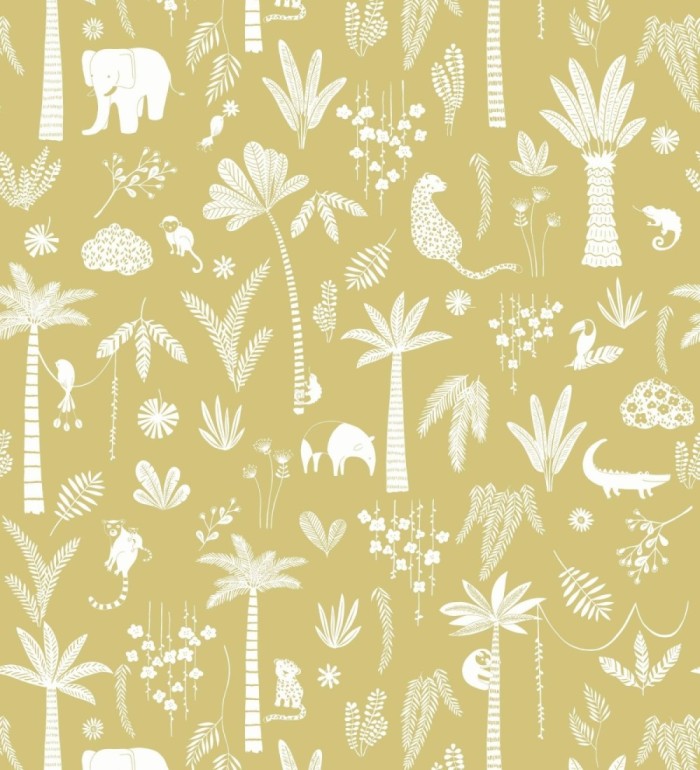 Papel pintado selva minimalista animales y palmeras blanco fondo mostaza - Milo Safari 684456