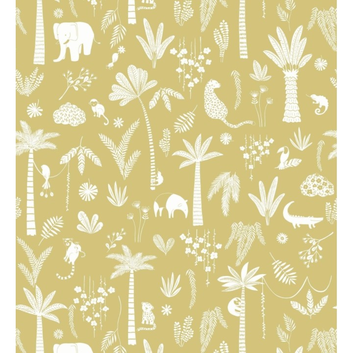 Papel pintado selva minimalista animales y palmeras blanco fondo mostaza - Milo Safari 684456