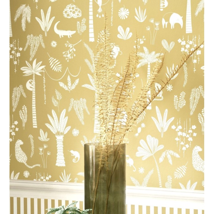 Papel pintado selva minimalista animales y palmeras blanco fondo mostaza - Milo Safari 684456