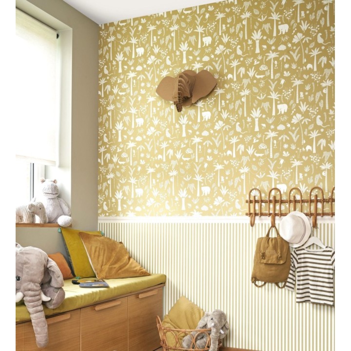 Papel pintado selva minimalista animales y palmeras blanco fondo mostaza - Milo Safari 684456
