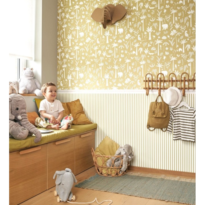 Papel pintado selva minimalista animales y palmeras blanco fondo mostaza - Milo Safari 684456