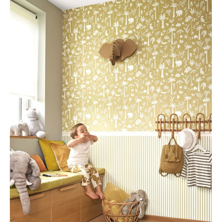 Papel pintado selva minimalista animales y palmeras blanco fondo mostaza - Milo Safari 684456