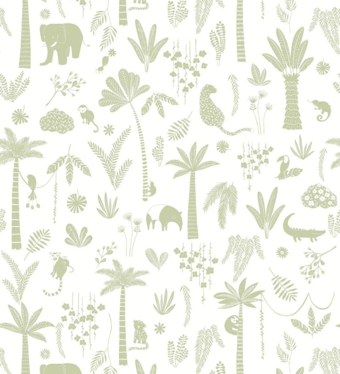 Papel pintado selva minimalista animales y palmeras verde salvia y blanco - Milo Safari 684457