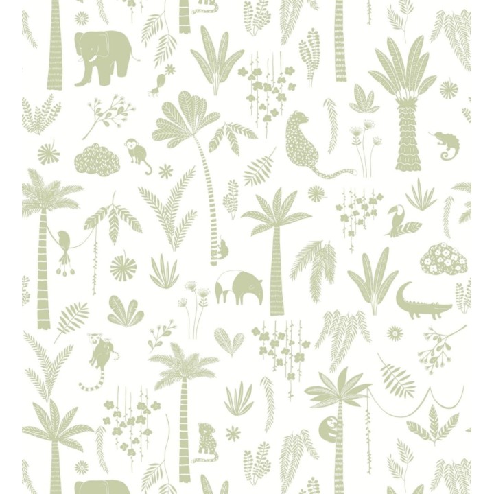 Papel pintado selva minimalista animales y palmeras verde salvia y blanco - Milo Safari 684457