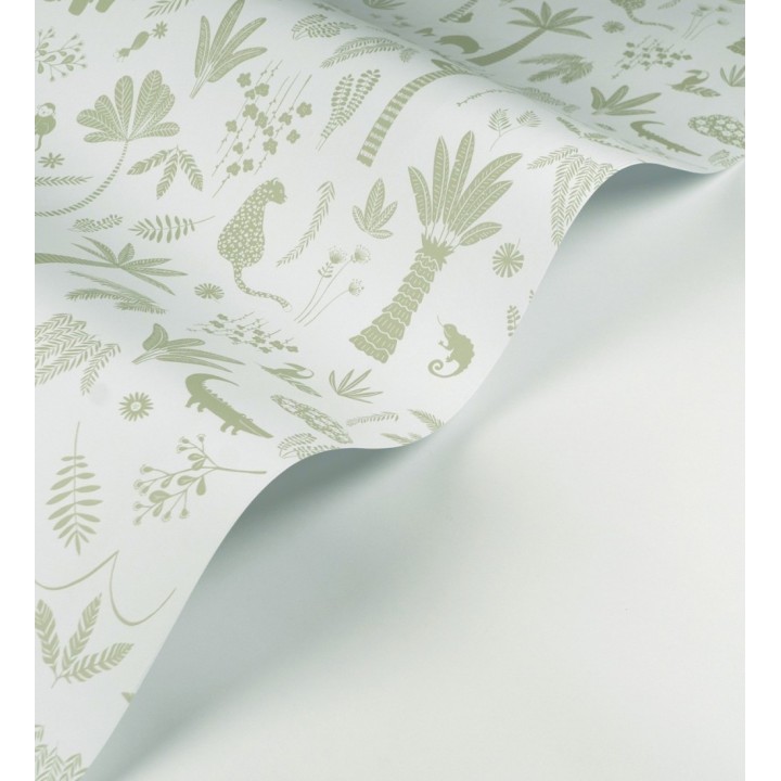 Papel pintado selva minimalista animales y palmeras verde salvia y blanco - Milo Safari 684457