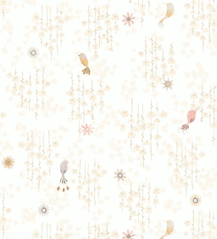 Papel pintado de pajaritos y flores color beige rosáceo - Alma Birds 684460